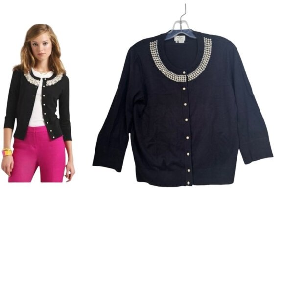 Kate Spade Pearl Crystal Rhinestone Beaded Preppy Cotton Cardigan Sweater Crew L - Picture 1 of 16
